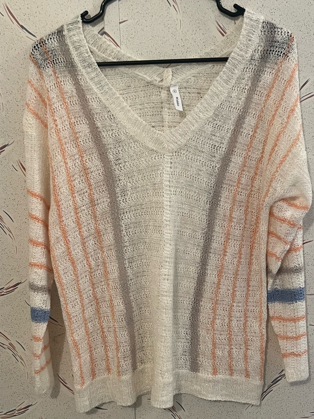 Wishlist Women’s Small Open Knit V-Neck Sweater Ivory Peach Blue Striped